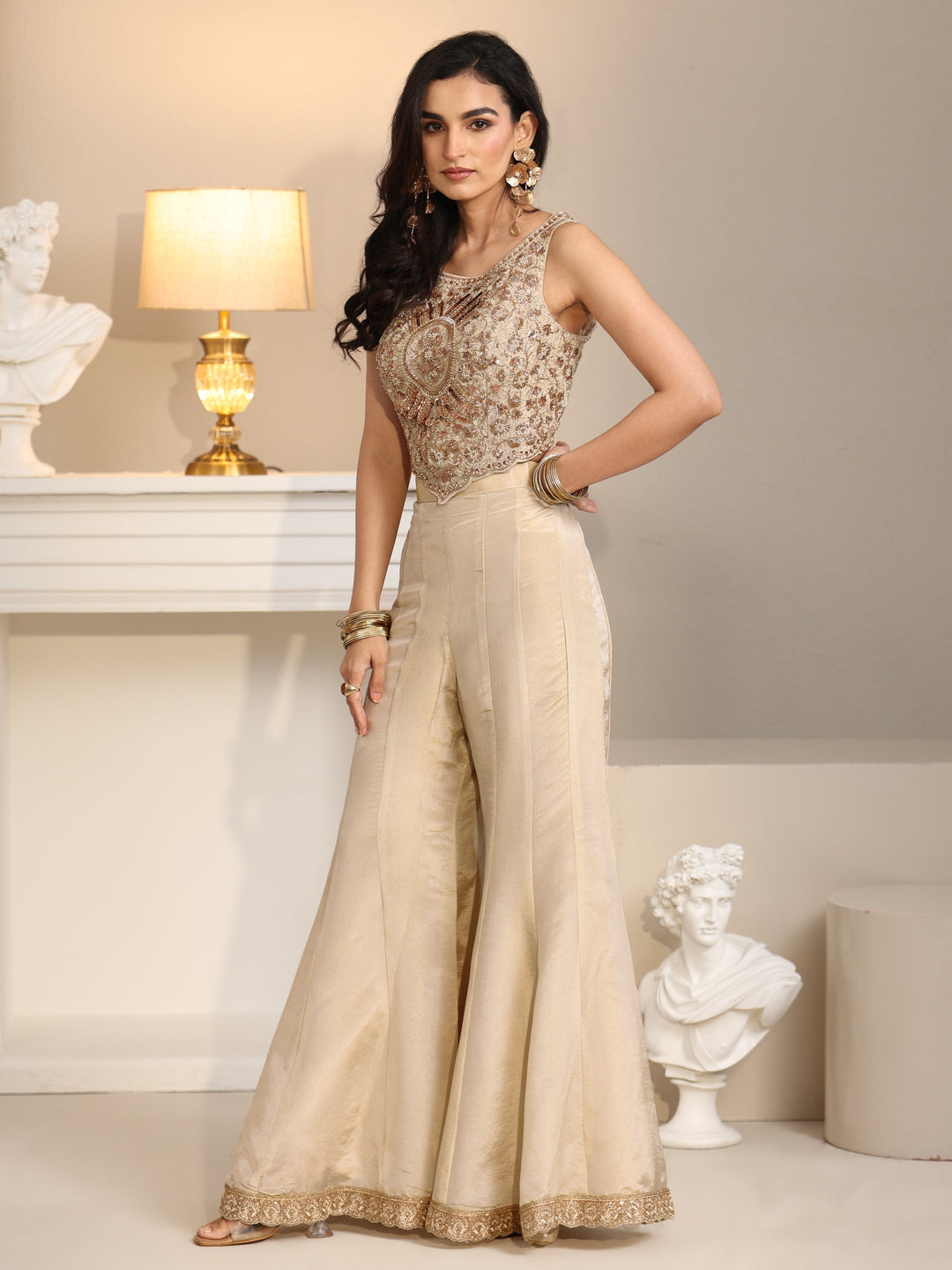  Libas Art Beige Embellished Tissue Crop Top and Palazzo Suit Set 
