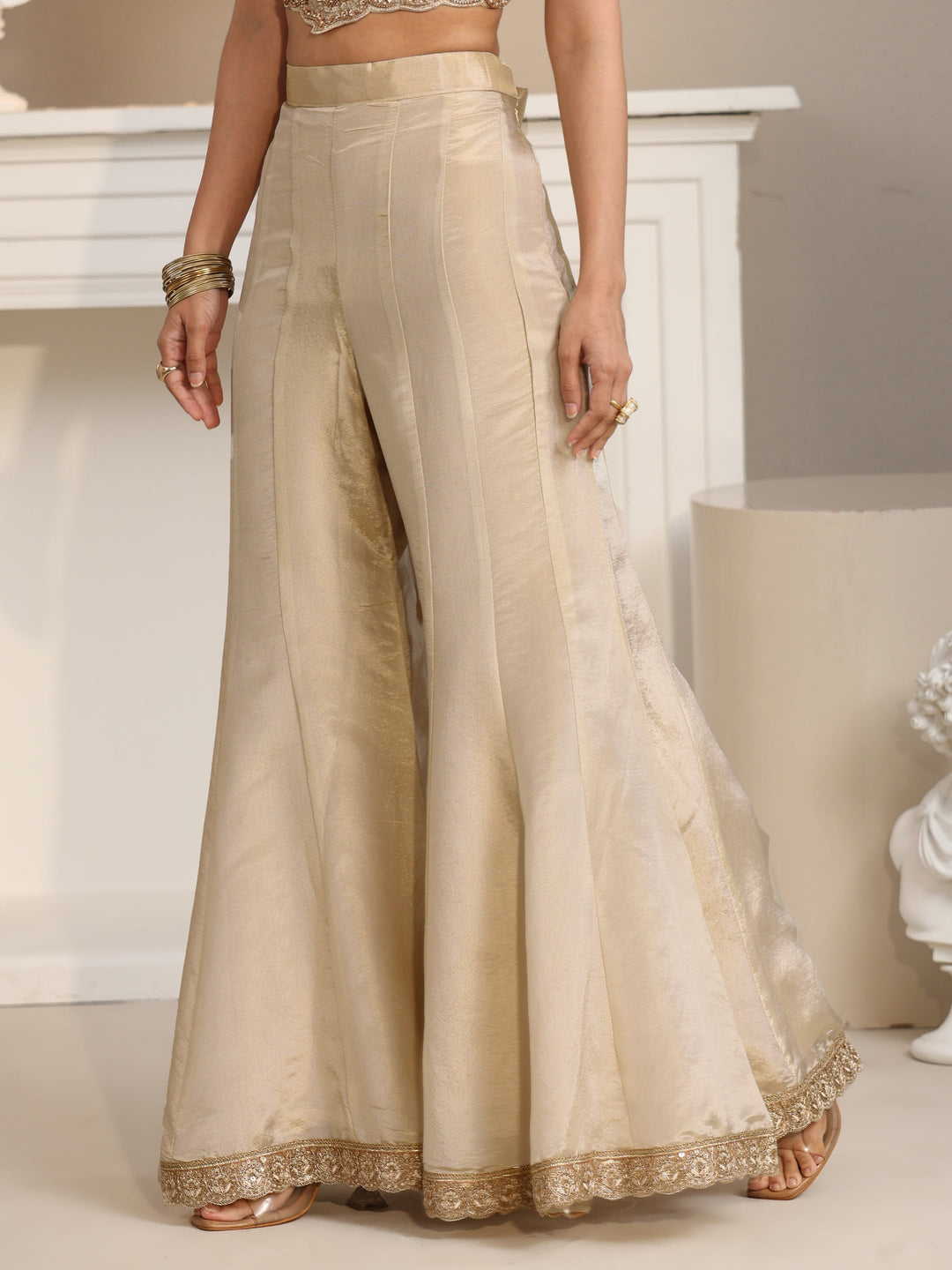  Libas Art Beige Embellished Tissue Crop Top and Palazzo Suit Set 