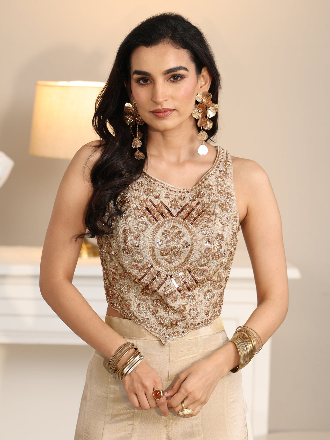  Libas Art Beige Embellished Tissue Crop Top and Palazzo Suit Set 