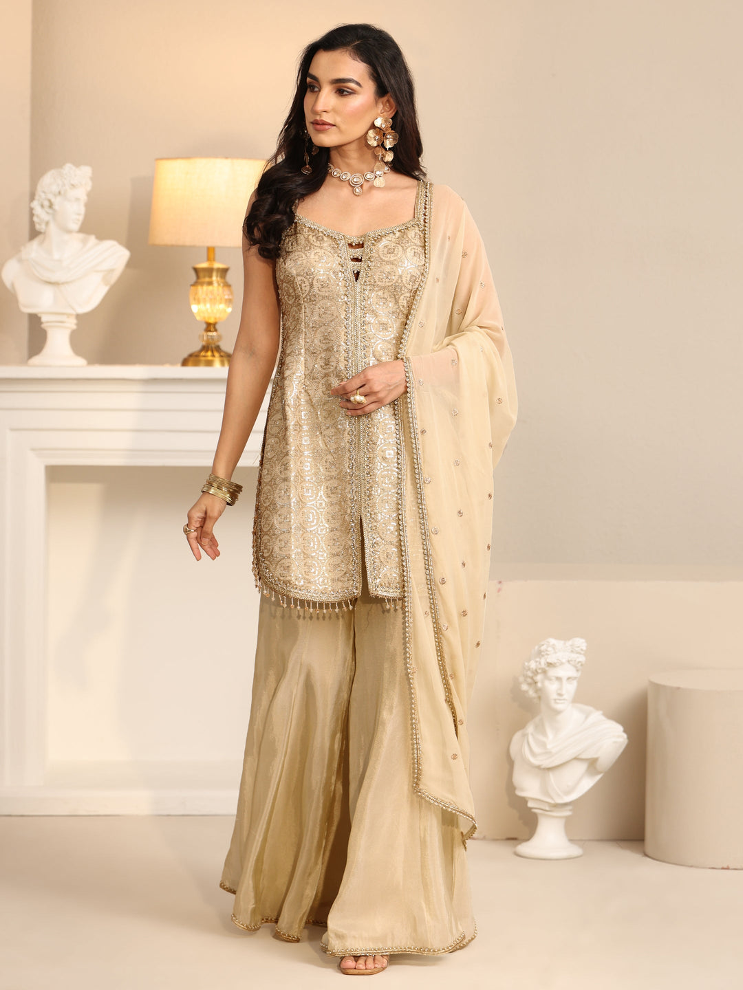  Libas Art Off White Embellished Strappy Tissue Palazzo Suit Set 