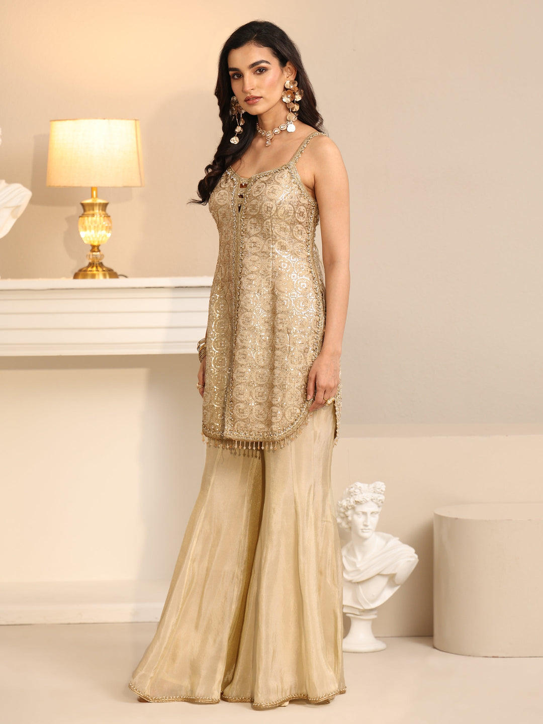  Libas Art Off White Embellished Strappy Tissue Palazzo Suit Set 