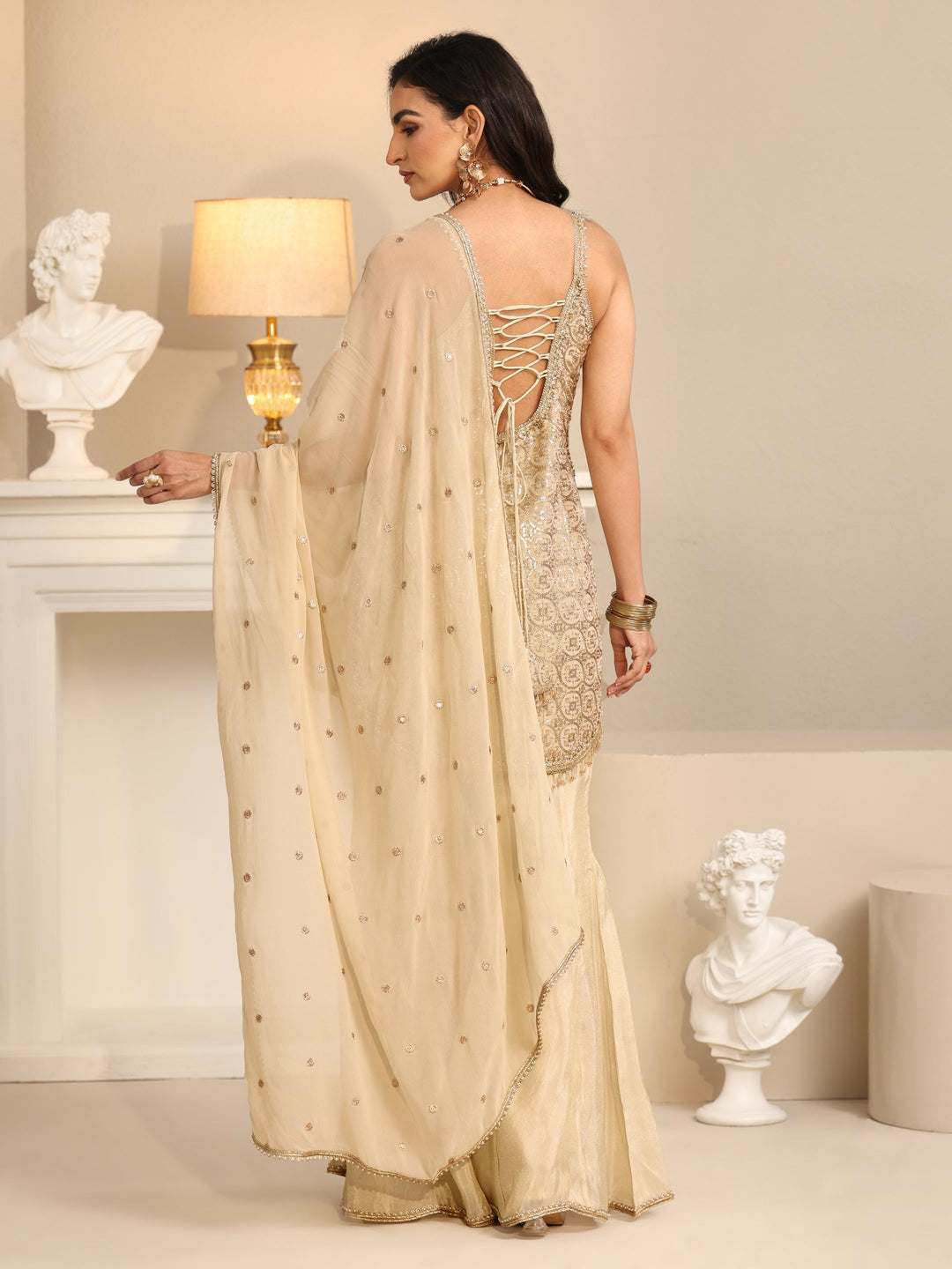  Libas Art Off White Embellished Strappy Tissue Palazzo Suit Set 