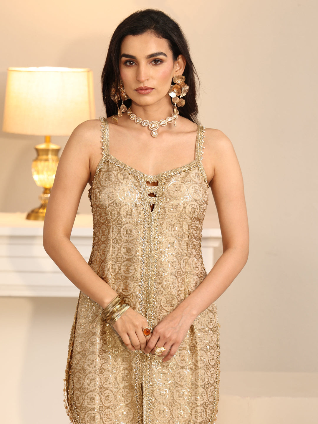 Libas Art Off White Embellished Strappy Tissue Palazzo Suit Set 
