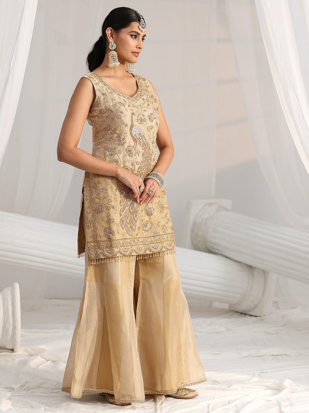  Libas Art Golden Floral Embellished Sleeveless Tissue Sharara Suit Set 
