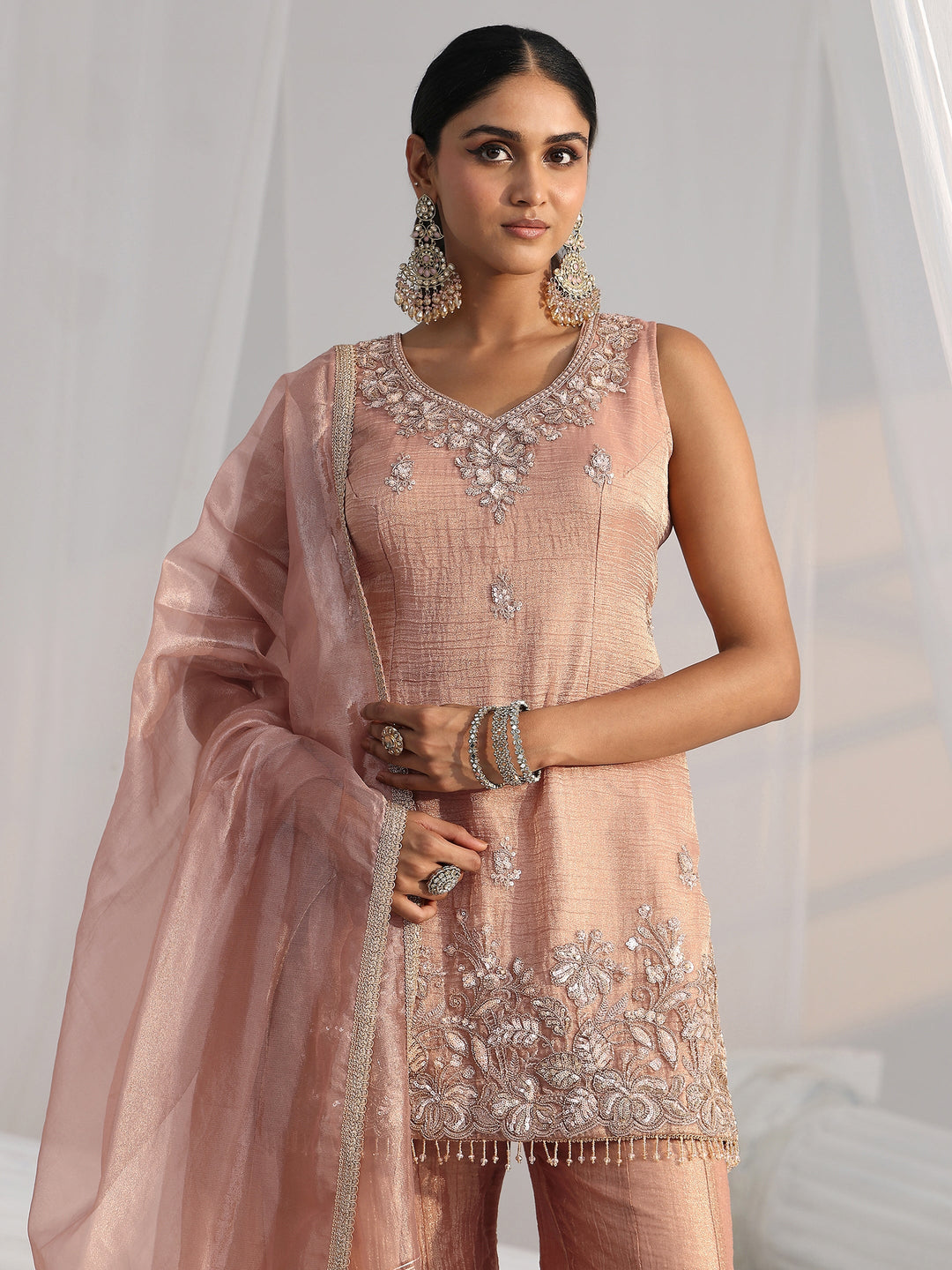  Libas Art Peach Floral Embellished Sleeveless Tissue Sharara Suit Set 