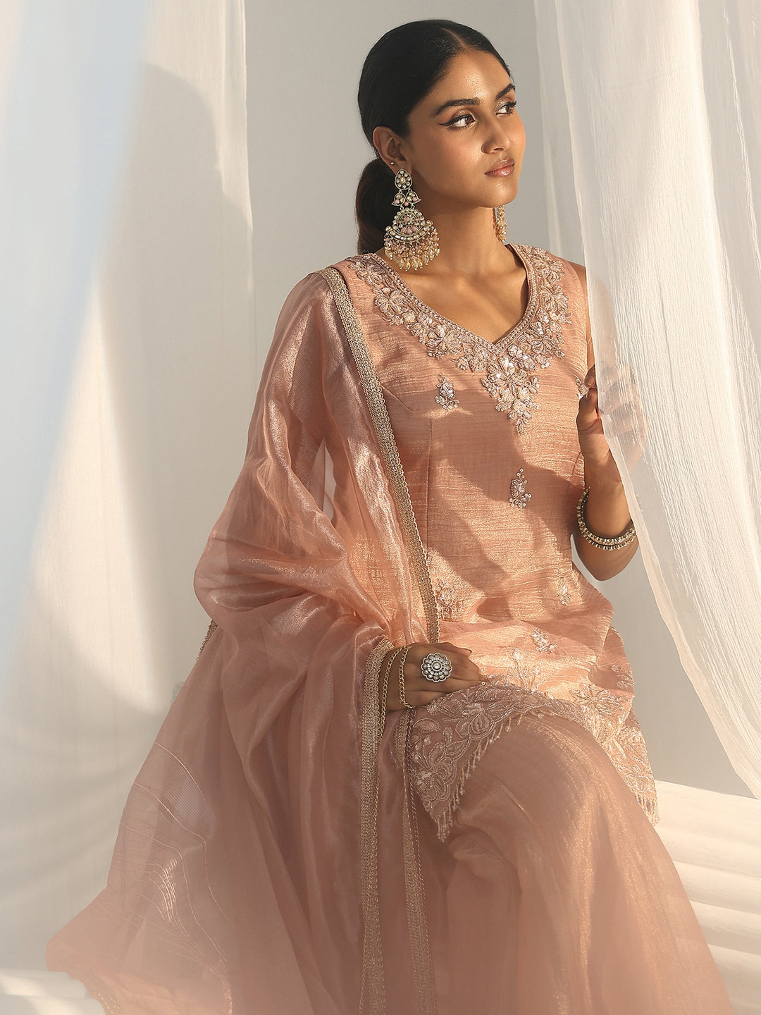  Libas Art Peach Floral Embellished Sleeveless Tissue Sharara Suit Set 