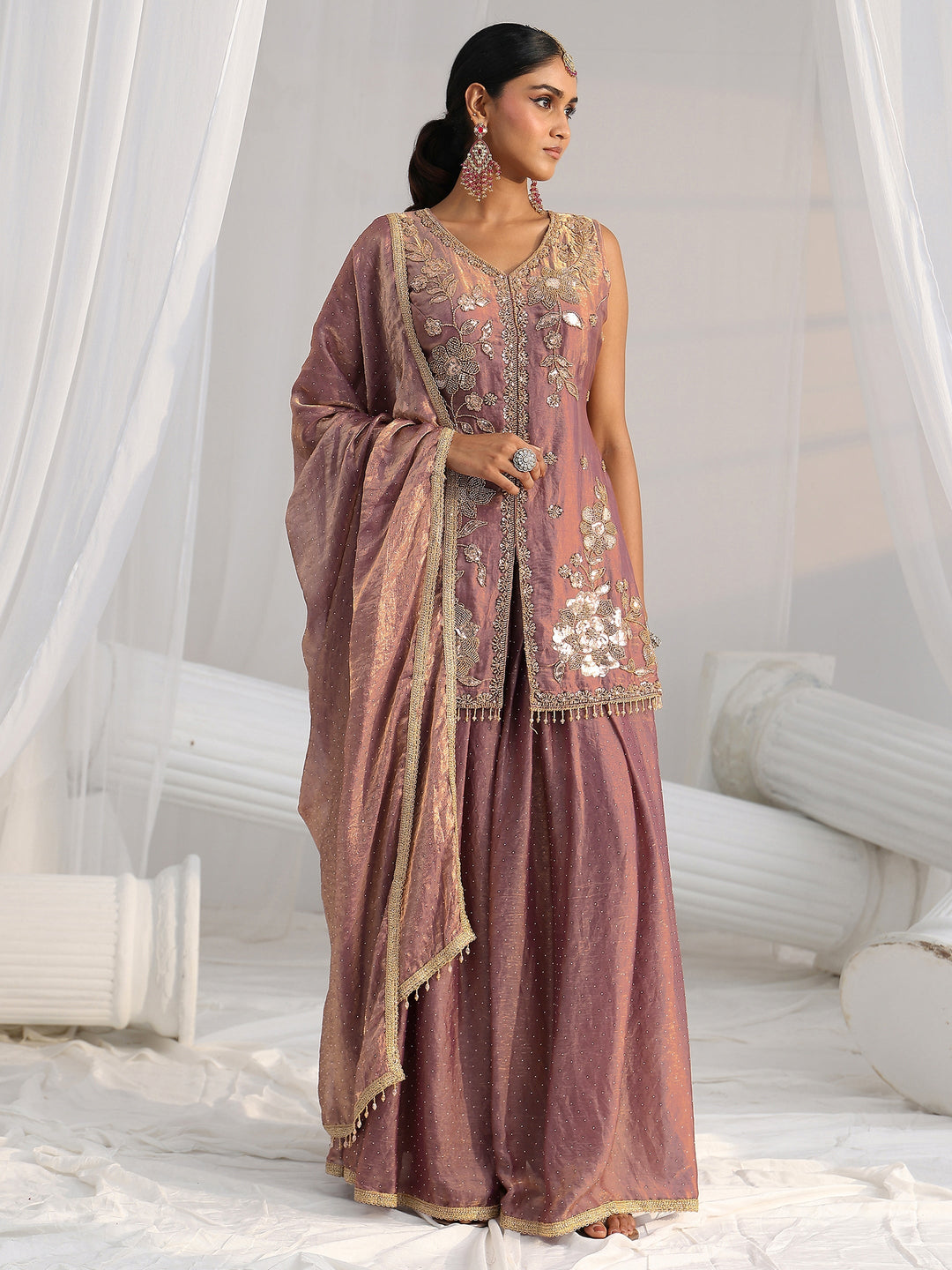  Libas Art Mauve Embellished Sleeveless Silk Blend Palazzo Suit Set 