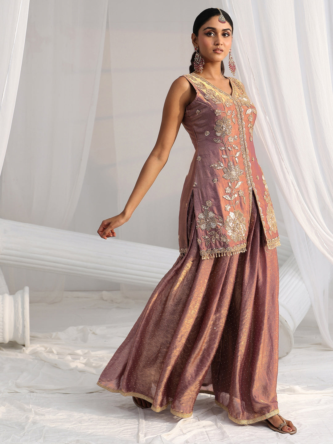  Libas Art Mauve Embellished Sleeveless Silk Blend Palazzo Suit Set 