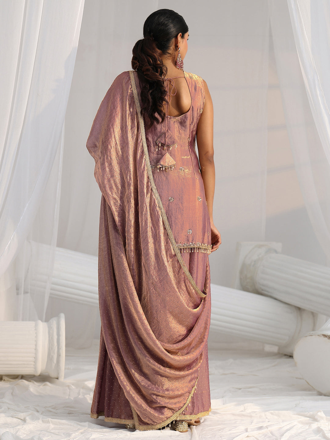  Libas Art Mauve Embellished Sleeveless Silk Blend Palazzo Suit Set 