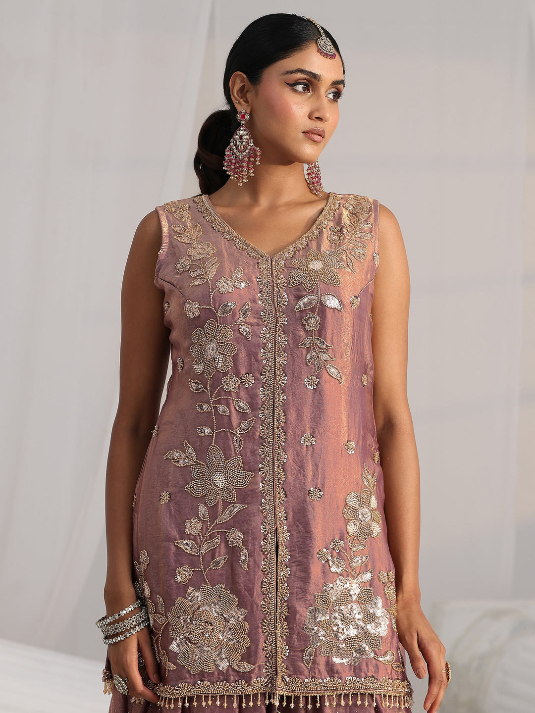  Libas Art Mauve Embellished Sleeveless Silk Blend Palazzo Suit Set 