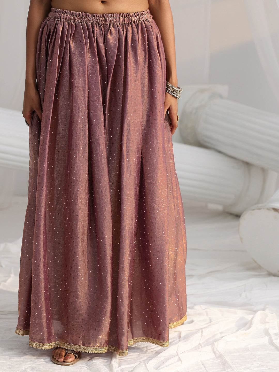  Libas Art Mauve Embellished Sleeveless Silk Blend Palazzo Suit Set 
