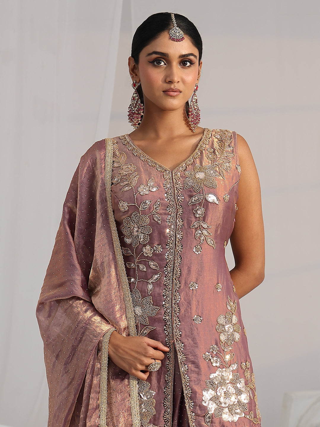  Libas Art Mauve Embellished Sleeveless Silk Blend Palazzo Suit Set 