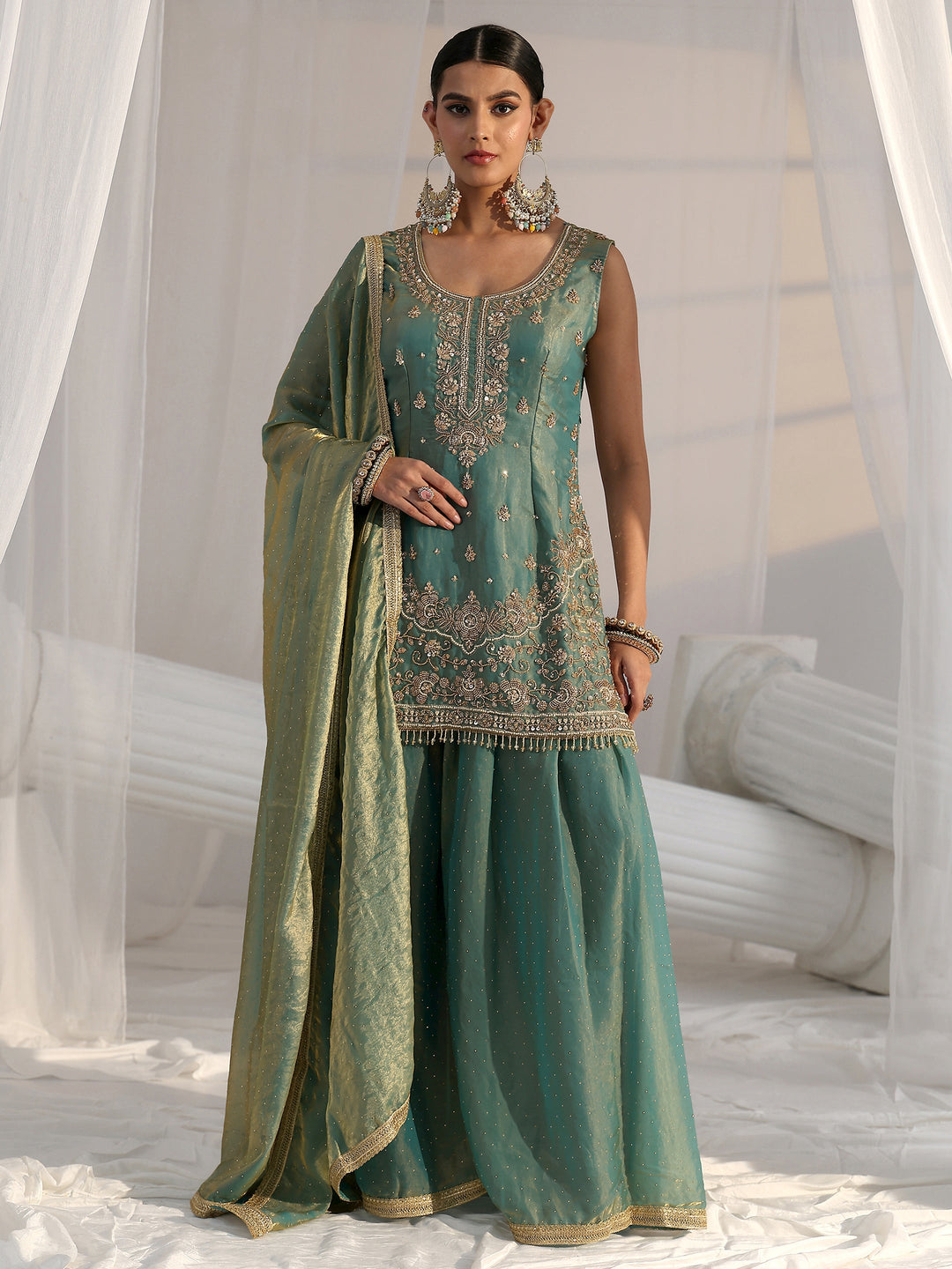  Libas Art Blue Embellished Sleeveless Silk Blend Palazzo Suit Set 