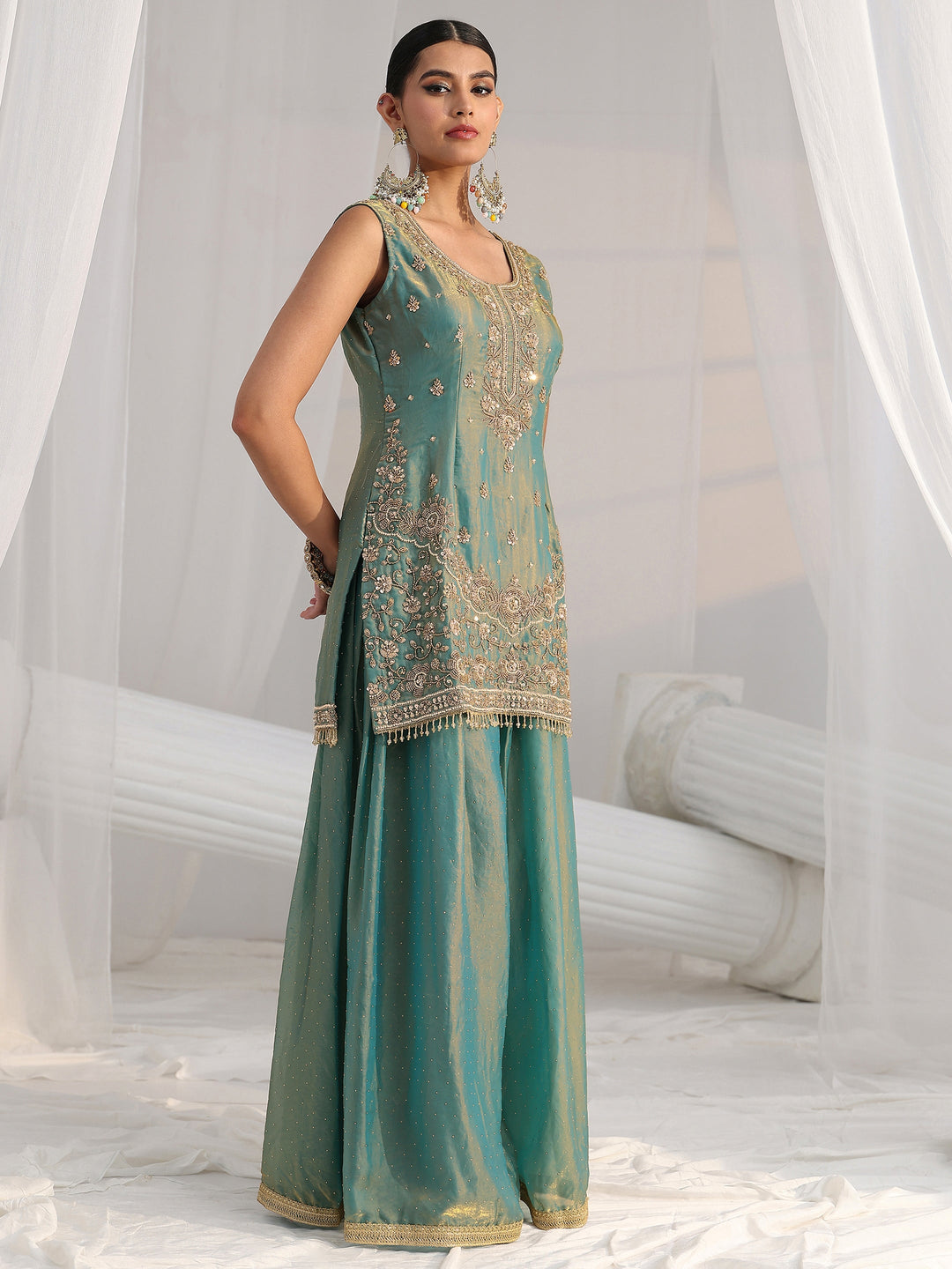  Libas Art Blue Embellished Sleeveless Silk Blend Palazzo Suit Set 