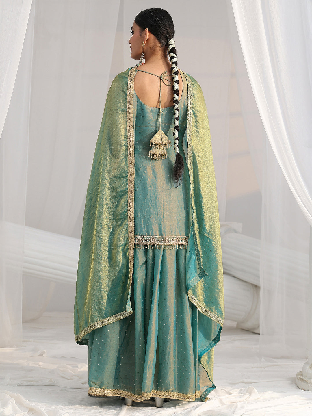  Libas Art Blue Embellished Sleeveless Silk Blend Palazzo Suit Set 