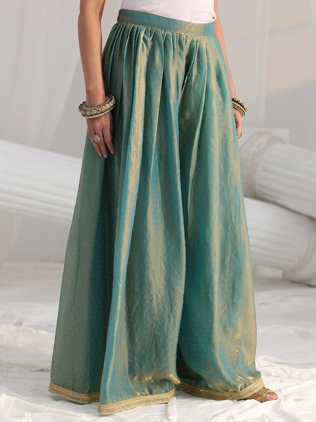  Libas Art Blue Embellished Sleeveless Silk Blend Palazzo Suit Set 