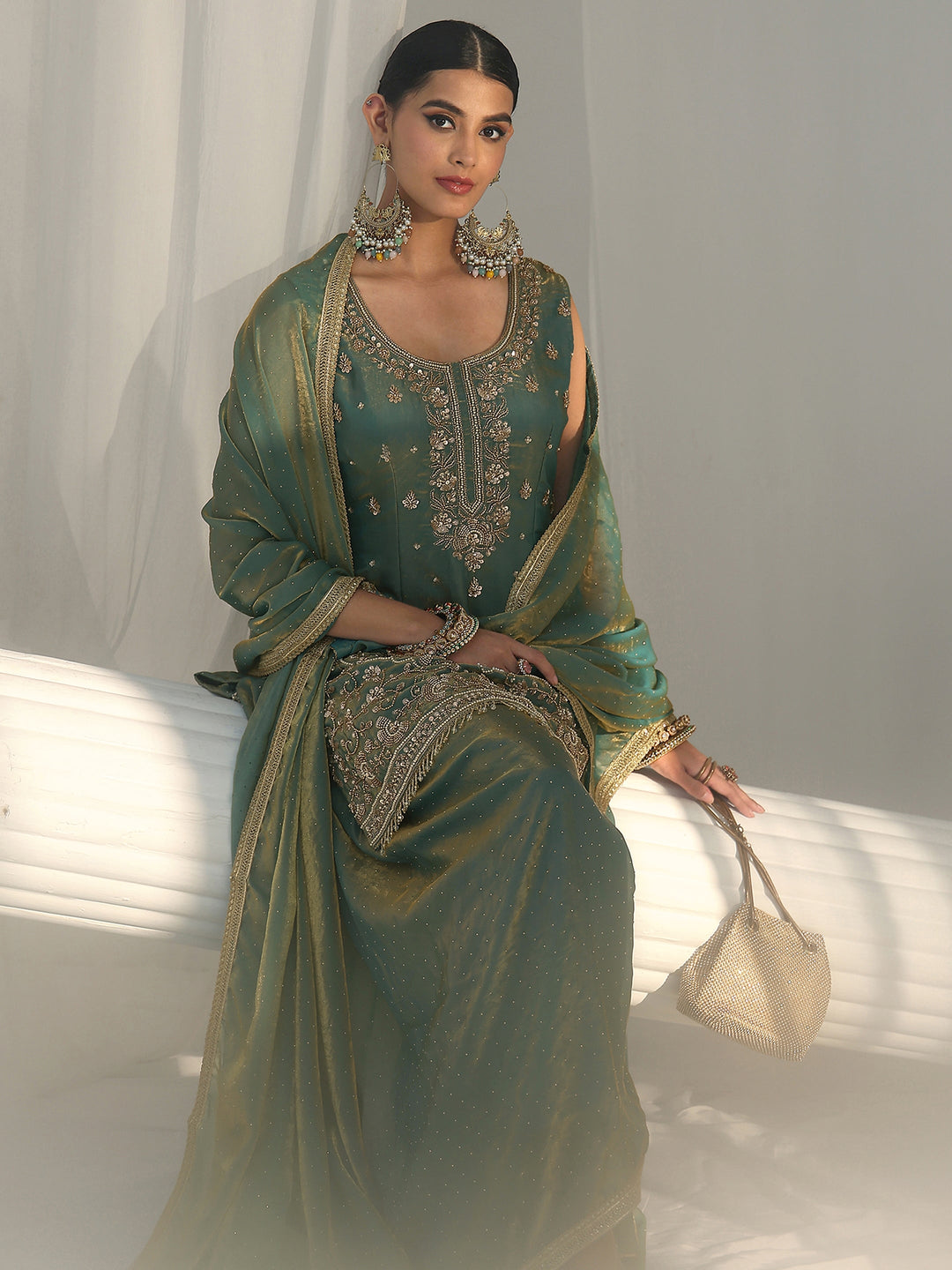  Libas Art Blue Embellished Sleeveless Silk Blend Palazzo Suit Set 