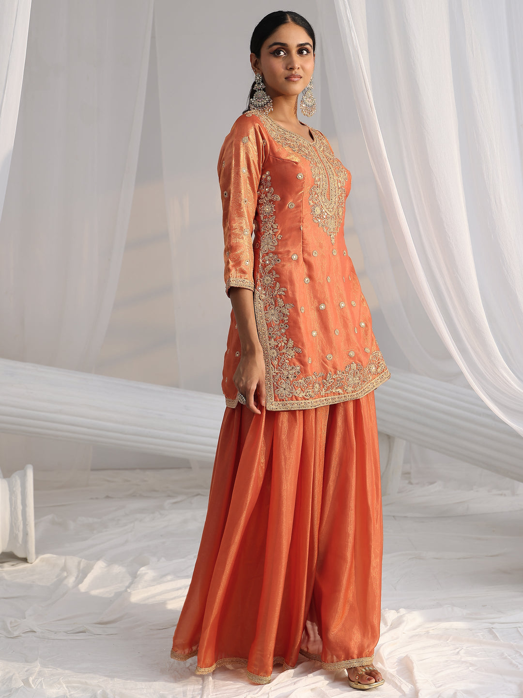  Libas Art Orange Embellished Silk Blend Palazzo Suit Set 