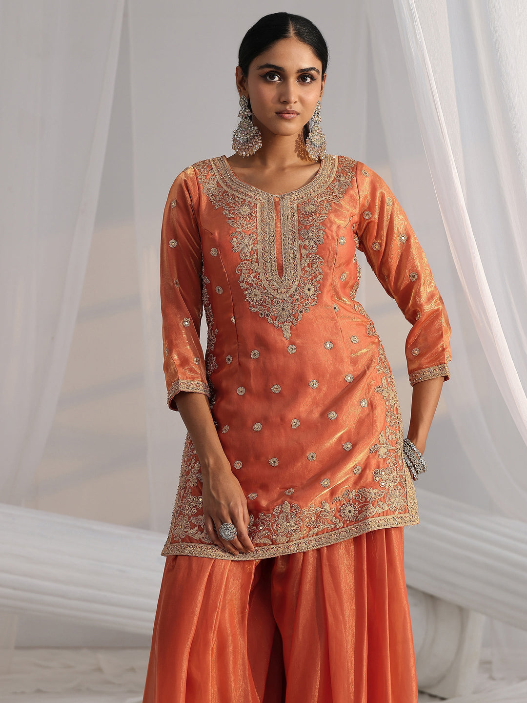  Libas Art Orange Embellished Silk Blend Palazzo Suit Set 