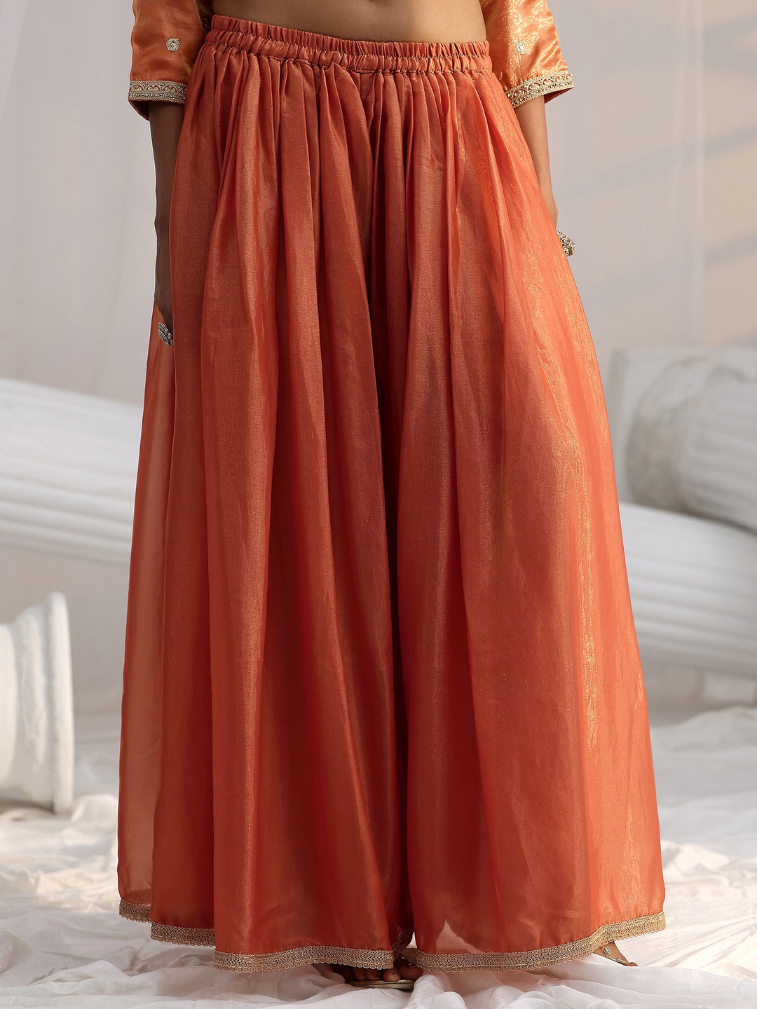  Libas Art Orange Embellished Silk Blend Palazzo Suit Set 