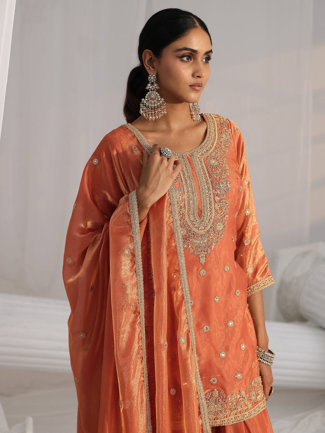  Libas Art Orange Embellished Silk Blend Palazzo Suit Set 