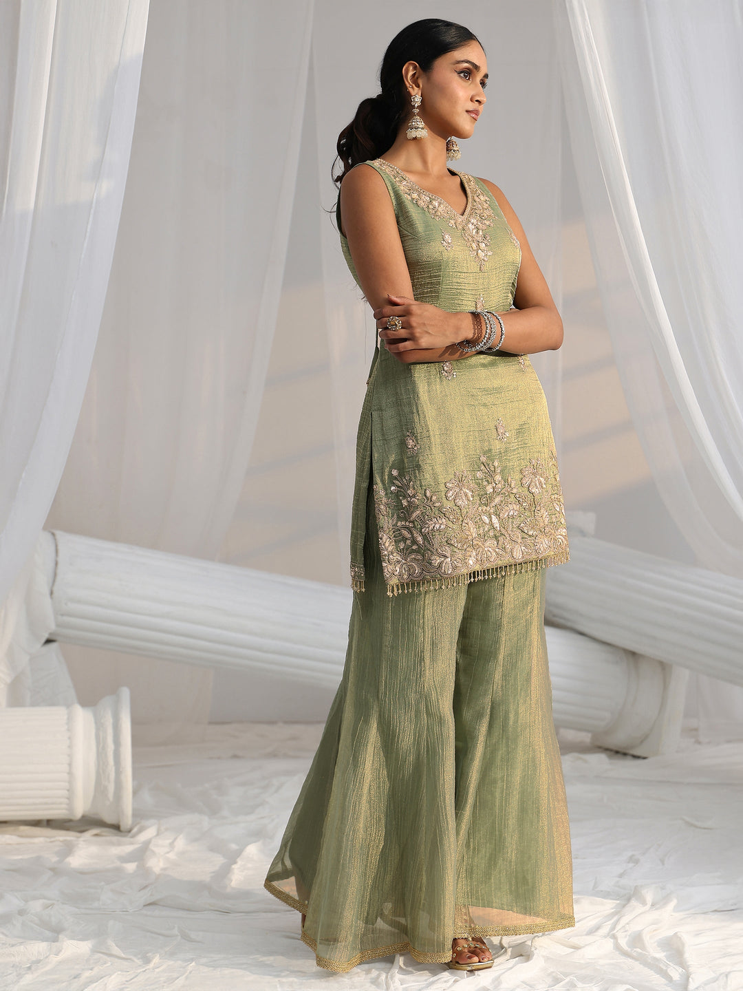  Libas Art Olive Green Embroidered Sleeveless Tissue Sharara Suit Set 