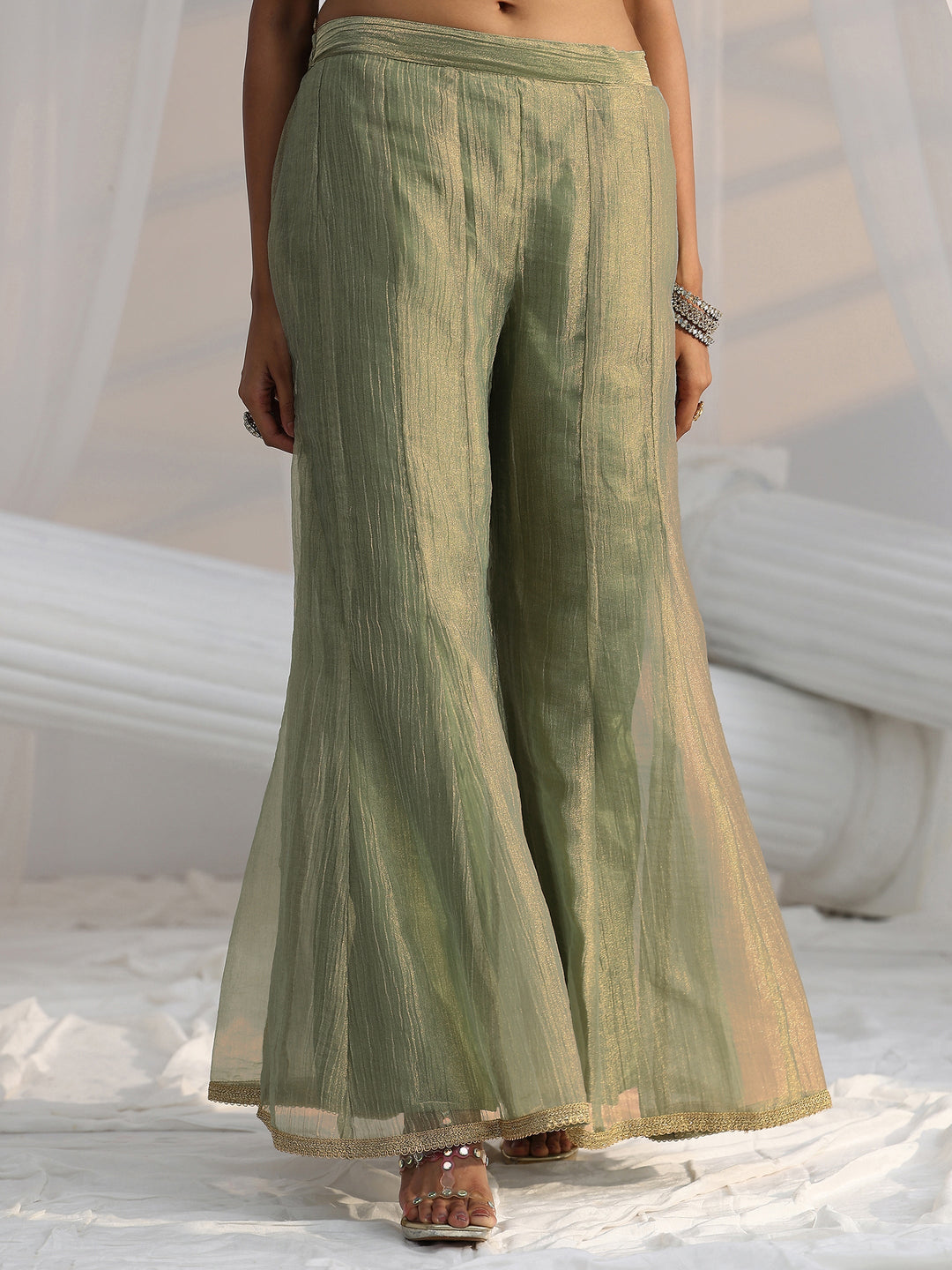  Libas Art Olive Green Embroidered Sleeveless Tissue Sharara Suit Set 