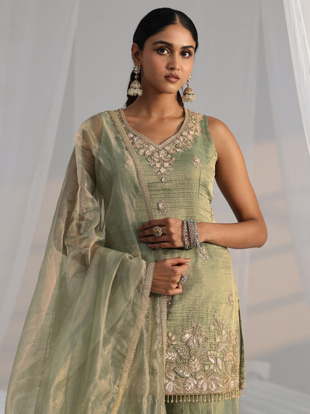  Libas Art Olive Green Embroidered Sleeveless Tissue Sharara Suit Set 