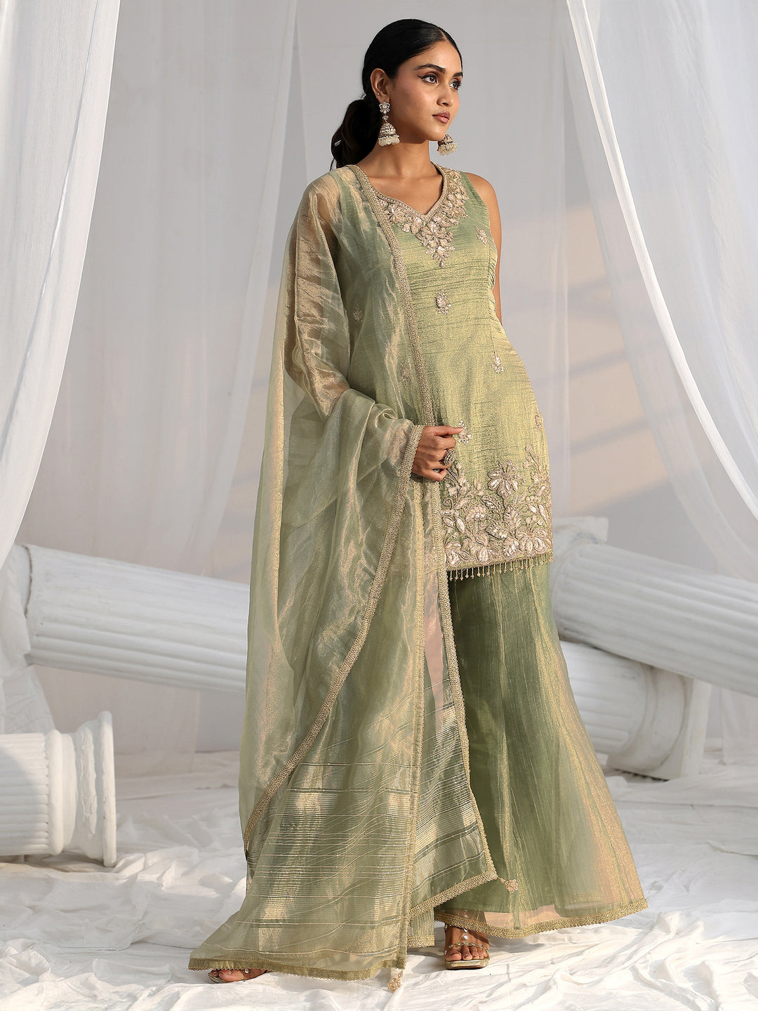  Libas Art Olive Green Embroidered Sleeveless Tissue Sharara Suit Set 