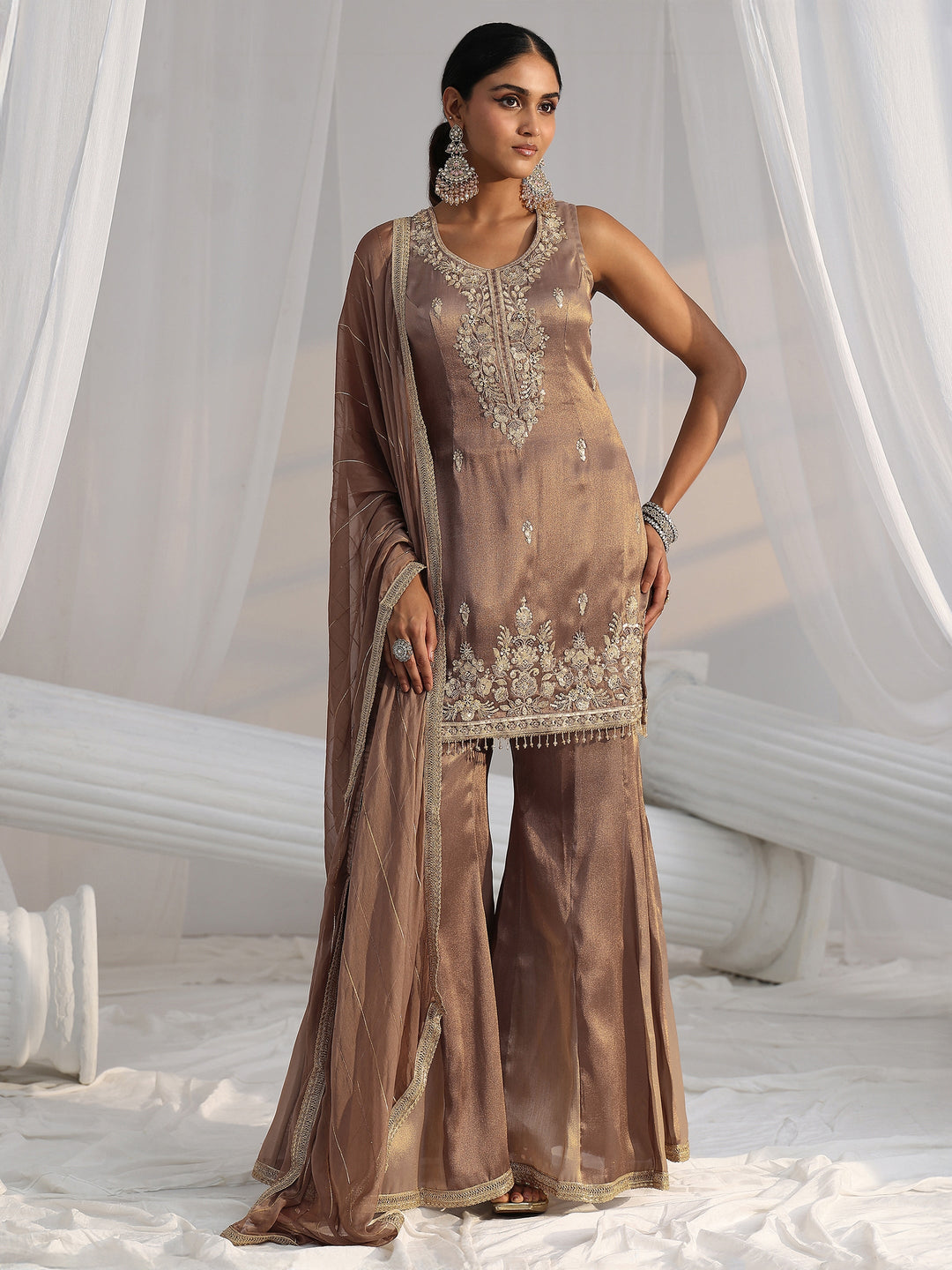  Libas Art Taupe Grey Embroidered Sleeveless Tissue Sharara Suit Set 