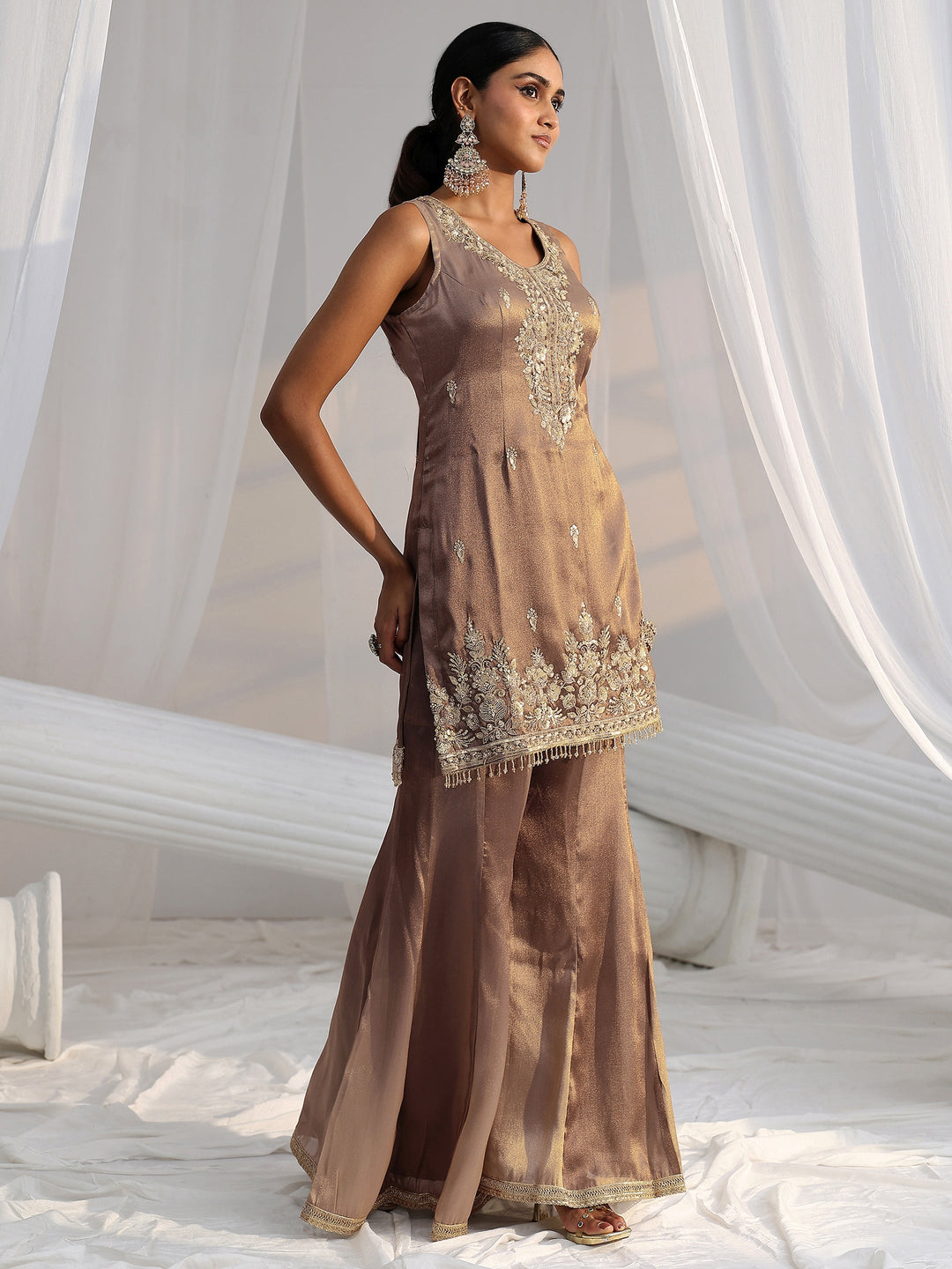  Libas Art Taupe Grey Embroidered Sleeveless Tissue Sharara Suit Set 