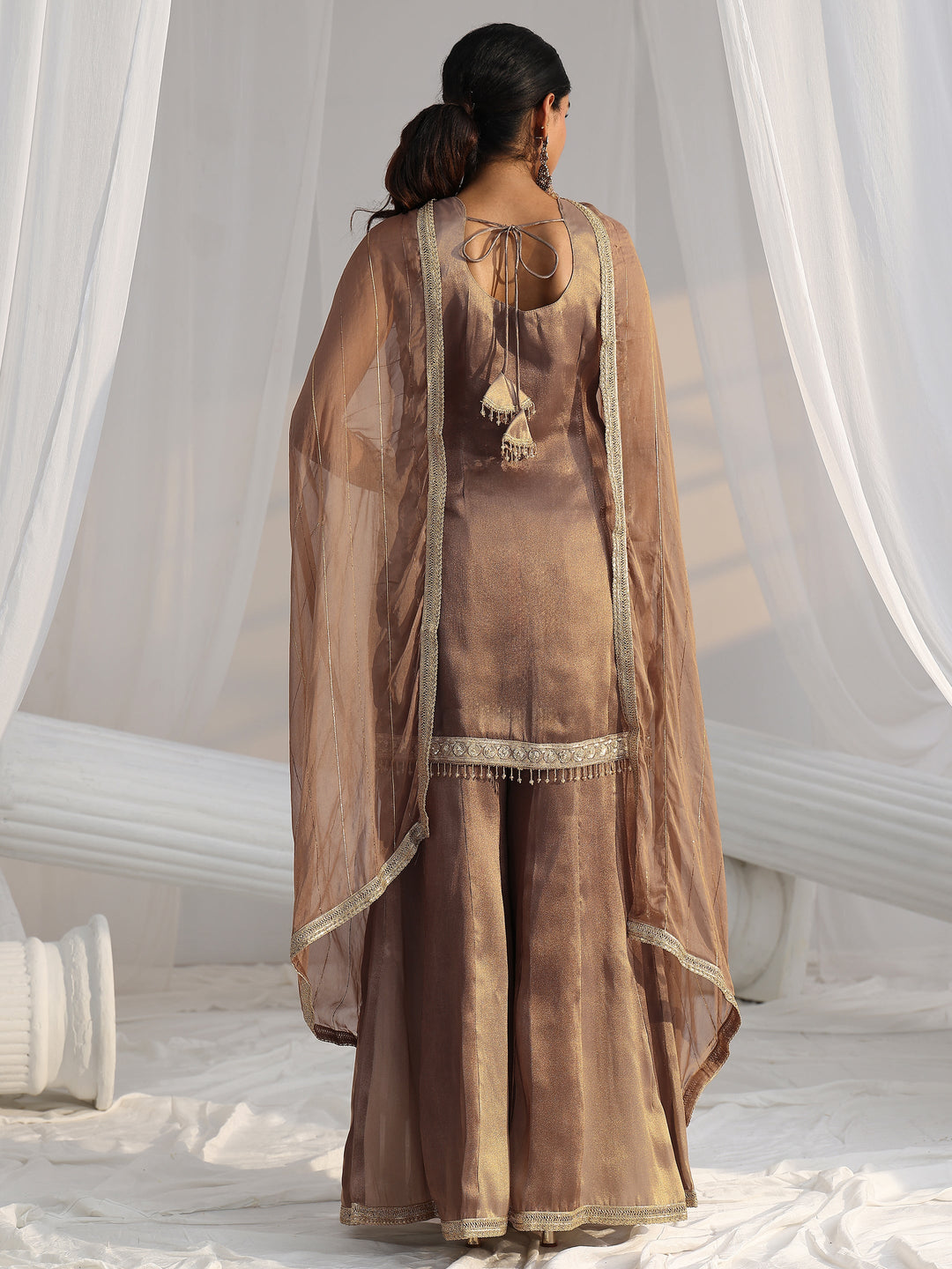  Libas Art Taupe Grey Embroidered Sleeveless Tissue Sharara Suit Set 