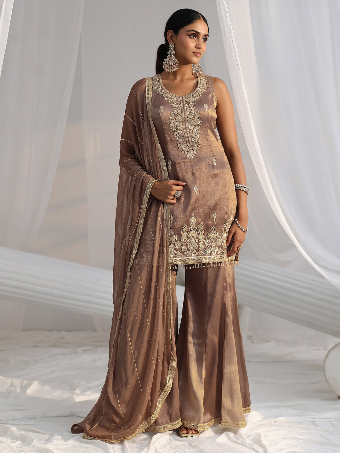  Libas Art Taupe Grey Embroidered Sleeveless Tissue Sharara Suit Set 