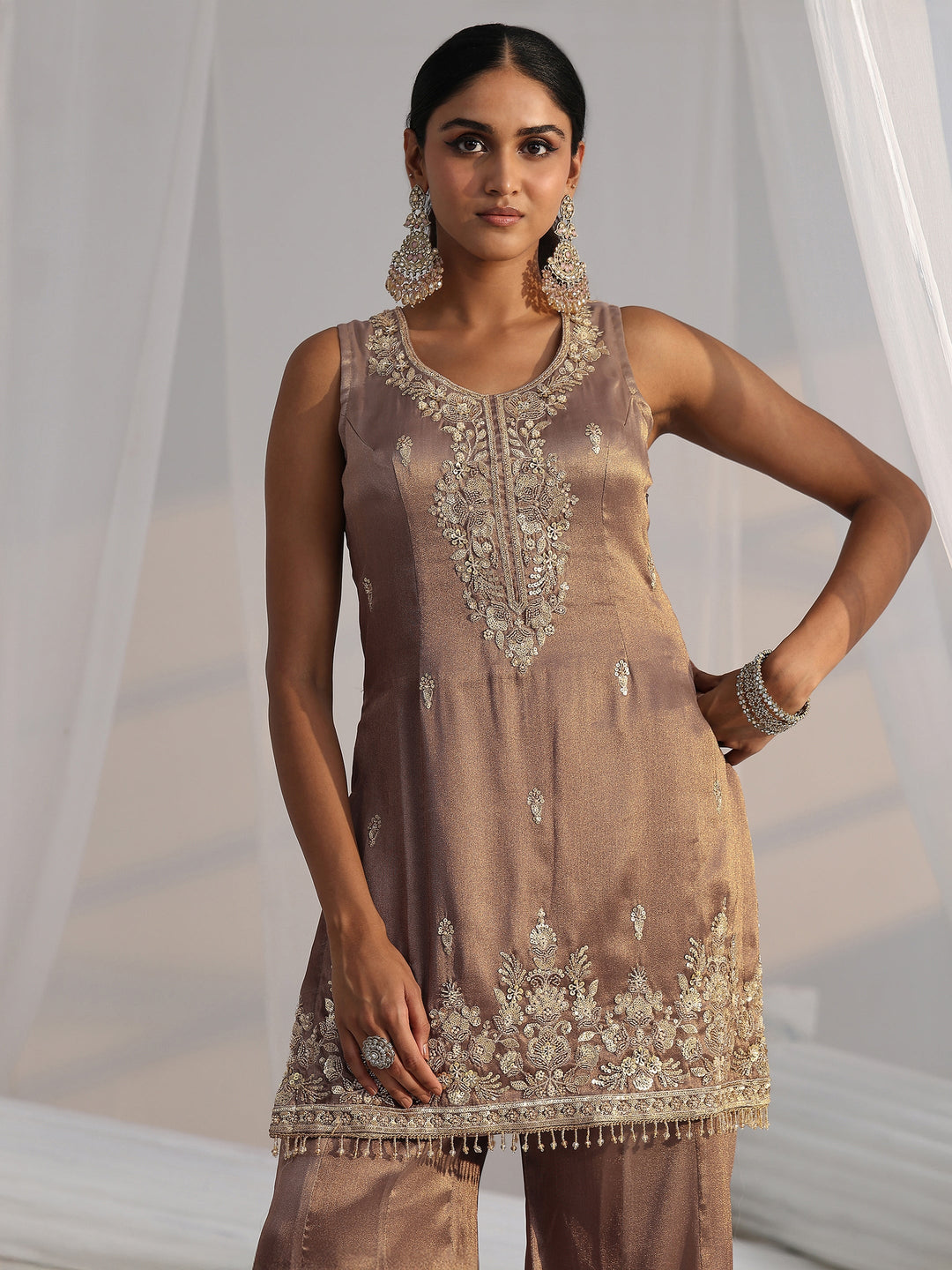  Libas Art Taupe Grey Embroidered Sleeveless Tissue Sharara Suit Set 