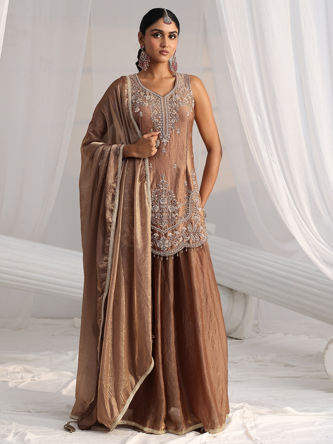  Libas Art Mocha Brown Floral Embellished Silk Blend Palazzo Suit Set 