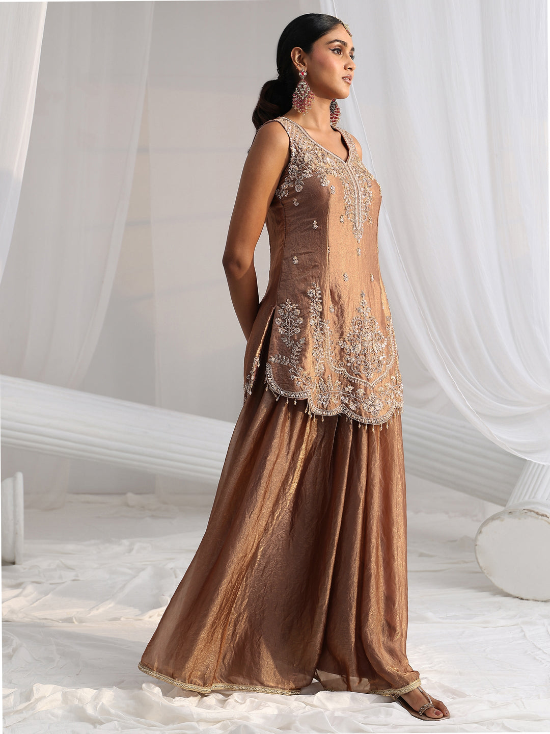  Libas Art Mocha Brown Floral Embellished Silk Blend Palazzo Suit Set 
