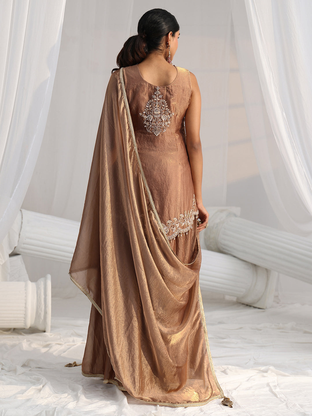  Libas Art Mocha Brown Floral Embellished Silk Blend Palazzo Suit Set 