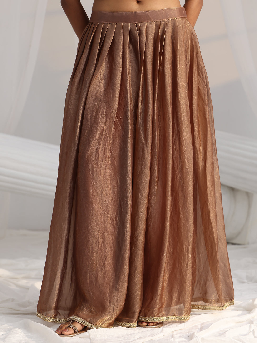  Libas Art Mocha Brown Floral Embellished Silk Blend Palazzo Suit Set 