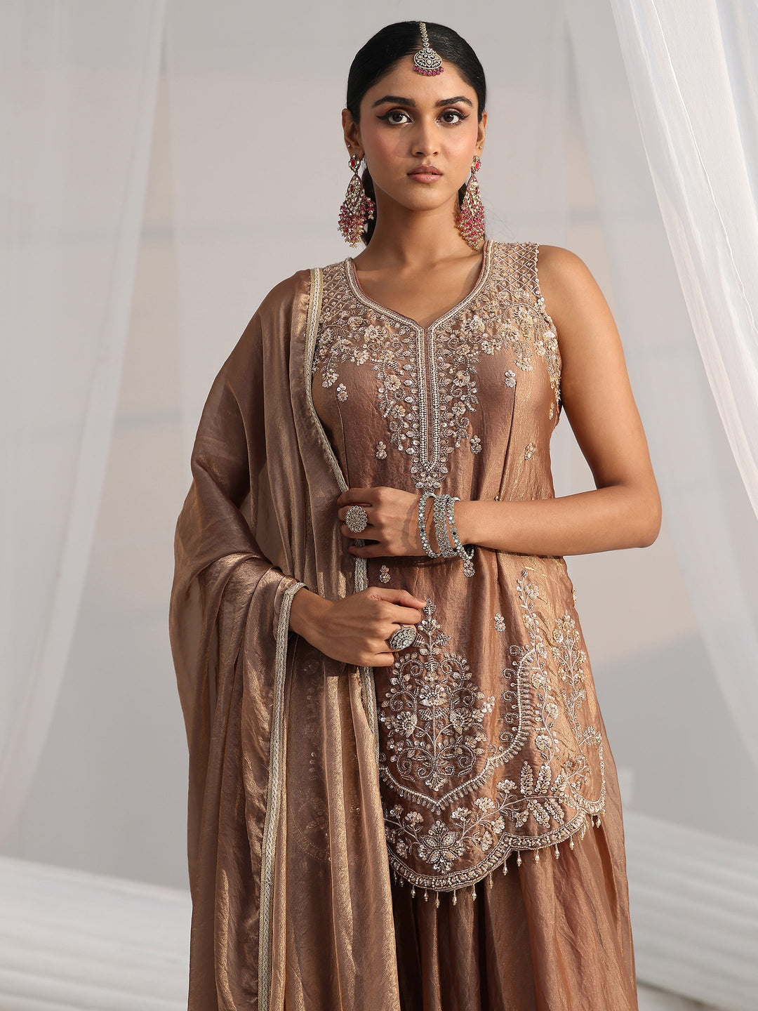  Libas Art Mocha Brown Floral Embellished Silk Blend Palazzo Suit Set 