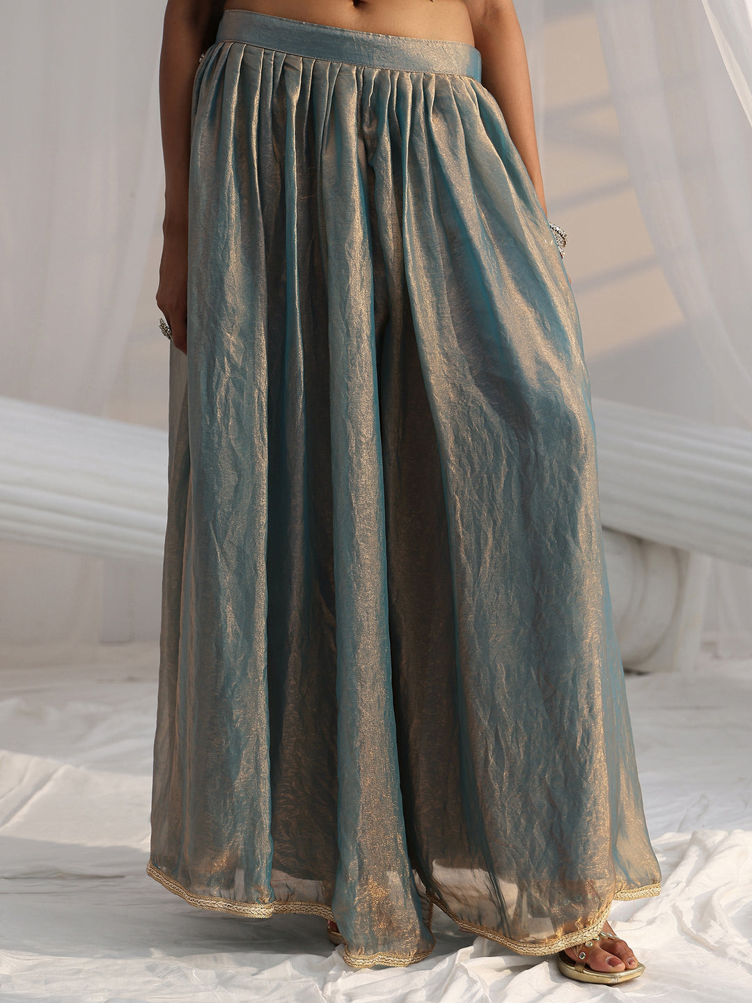  Libas Art Blue Floral Embroidered Sleeveless Silk Blend Palazzo Suit Set 