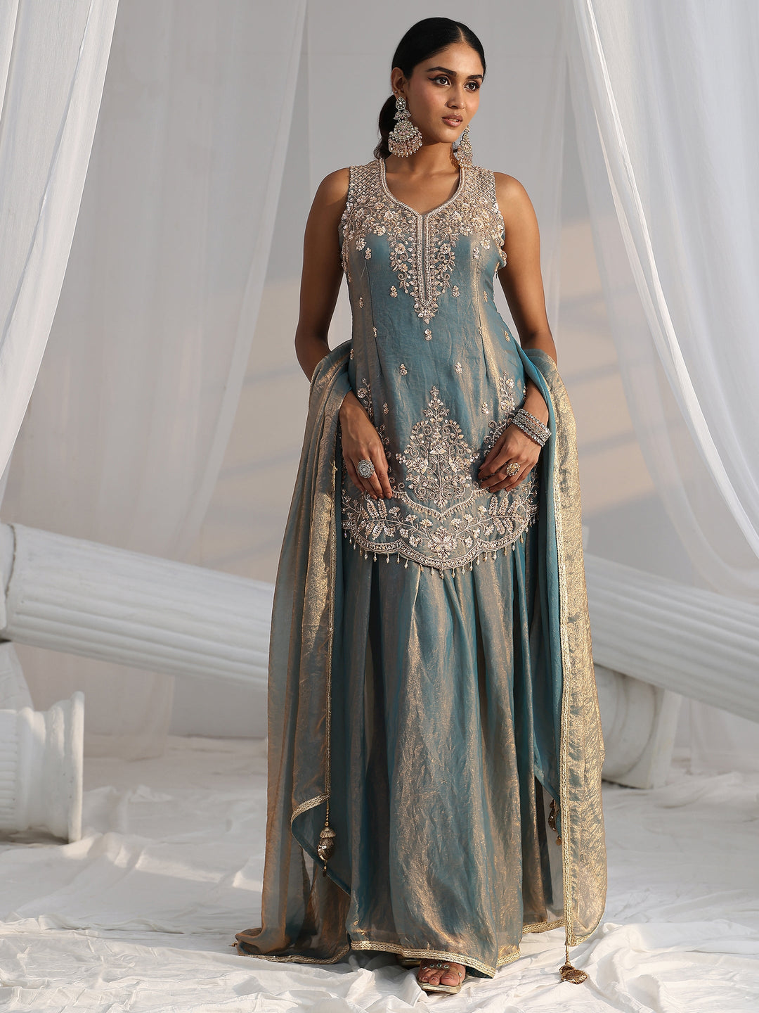  Libas Art Blue Floral Embroidered Sleeveless Silk Blend Palazzo Suit Set 