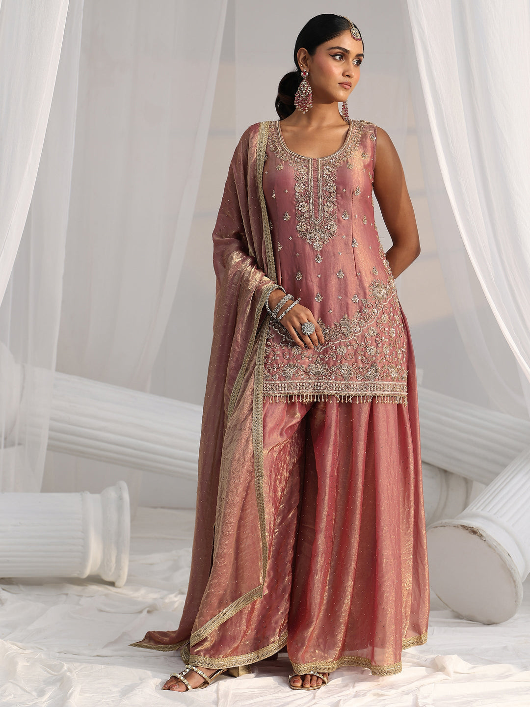  Libas Art Dusty Rose Pink Embellished Sleeveless Silk Blend Palazzo Suit Set 