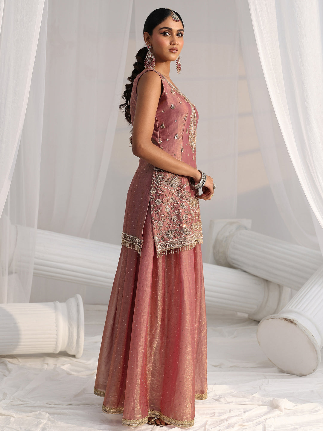  Libas Art Dusty Rose Pink Embellished Sleeveless Silk Blend Palazzo Suit Set 