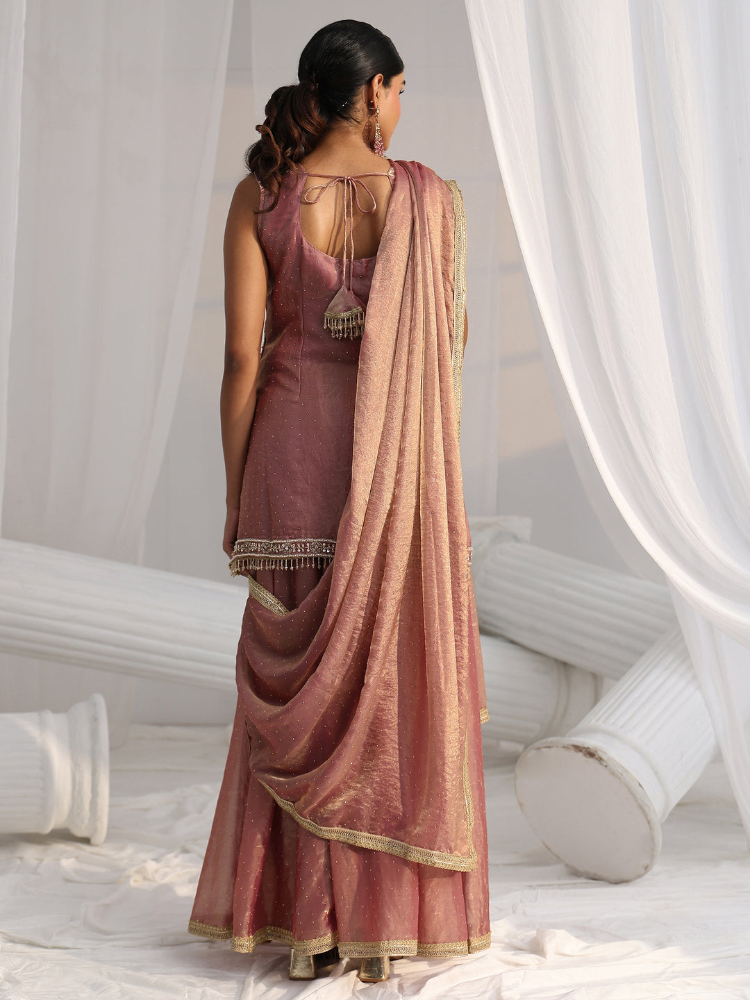  Libas Art Dusty Rose Pink Embellished Sleeveless Silk Blend Palazzo Suit Set 