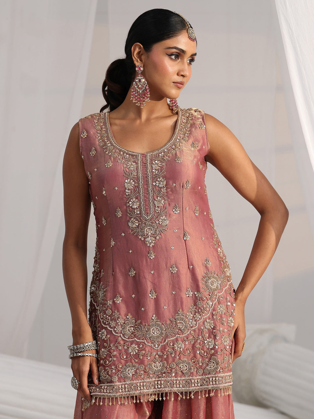  Libas Art Dusty Rose Pink Embellished Sleeveless Silk Blend Palazzo Suit Set 