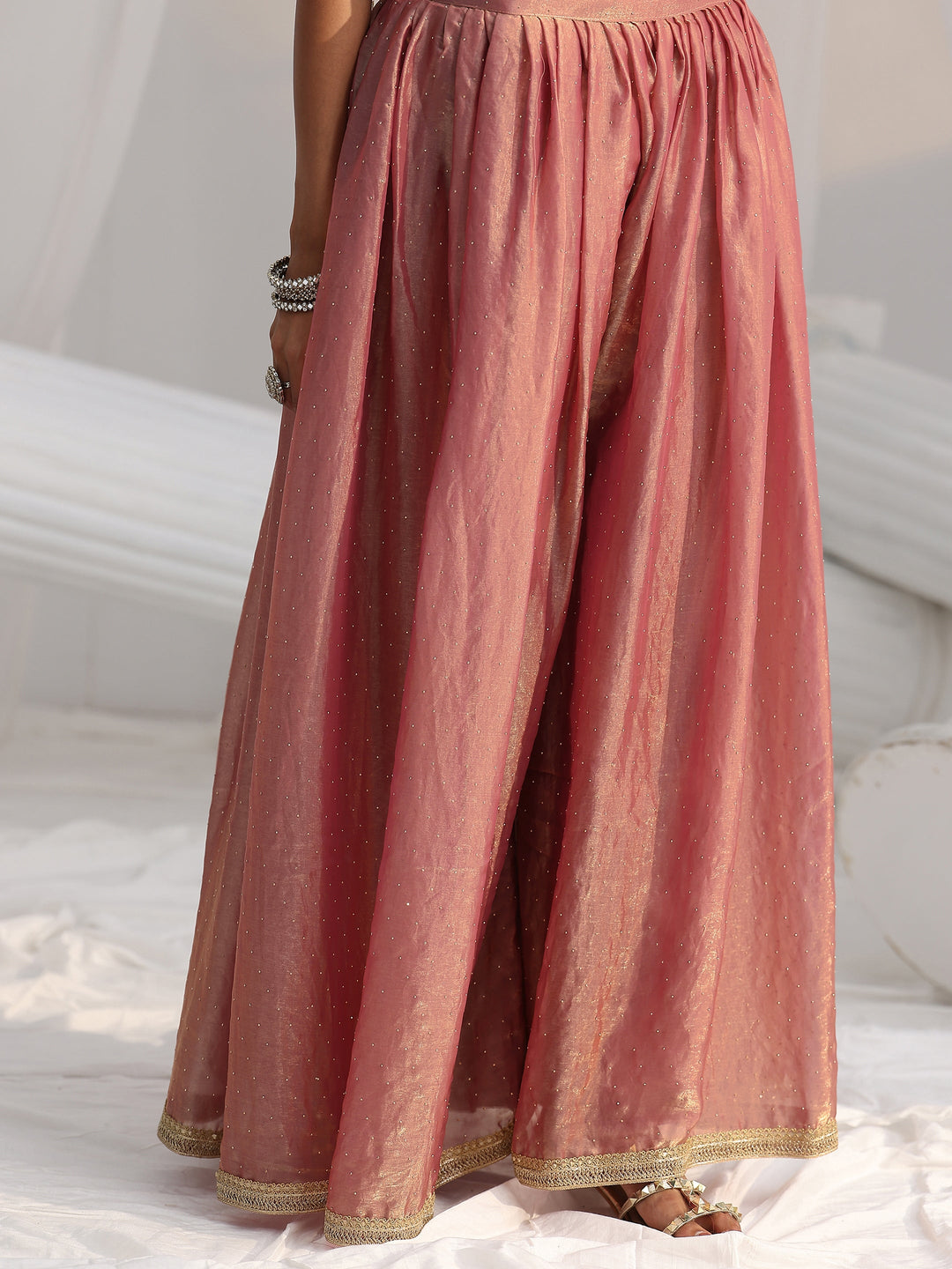  Libas Art Dusty Rose Pink Embellished Sleeveless Silk Blend Palazzo Suit Set 