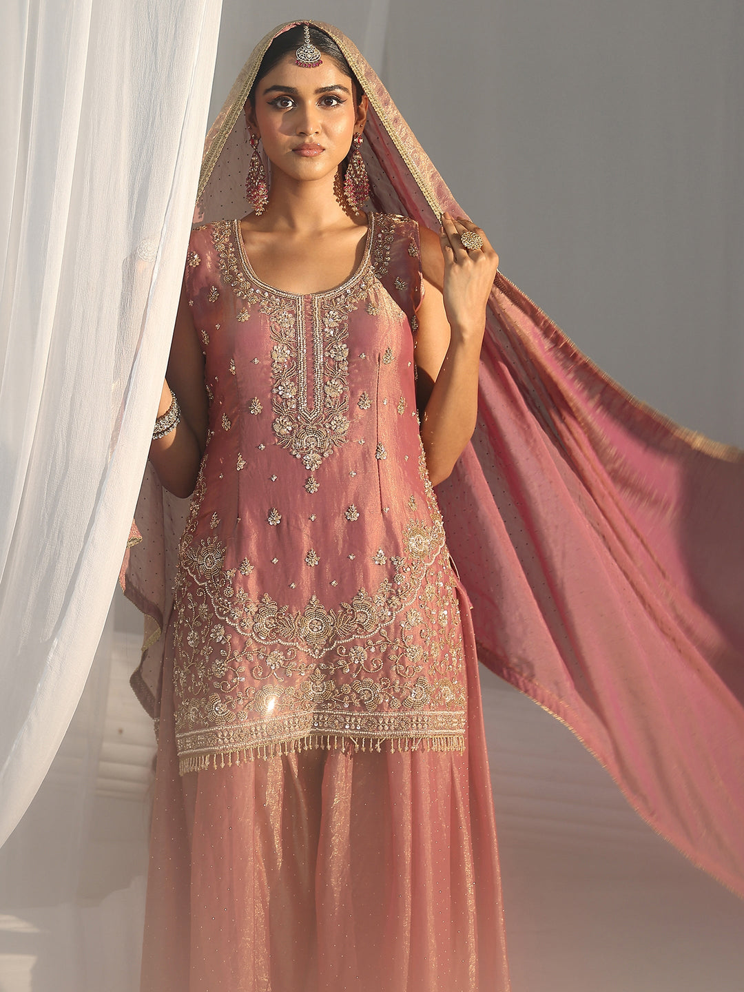  Libas Art Dusty Rose Pink Embellished Sleeveless Silk Blend Palazzo Suit Set 