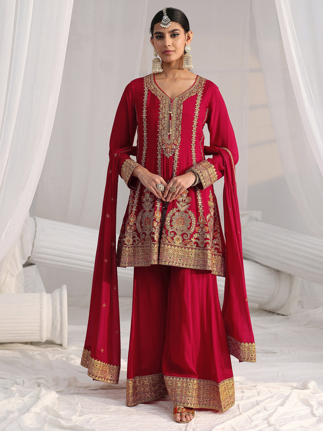  Libas Art Red Floral Embellished Chinon A Line Palazzo Suit Set 