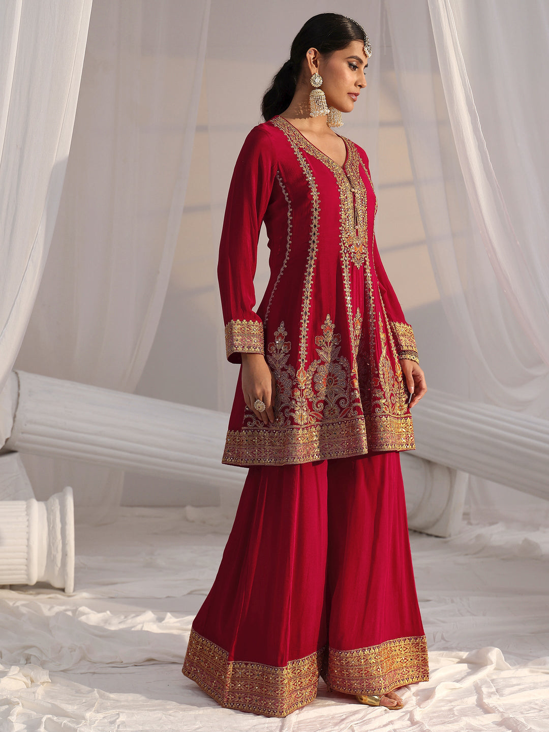  Libas Art Red Floral Embellished Chinon A Line Palazzo Suit Set 