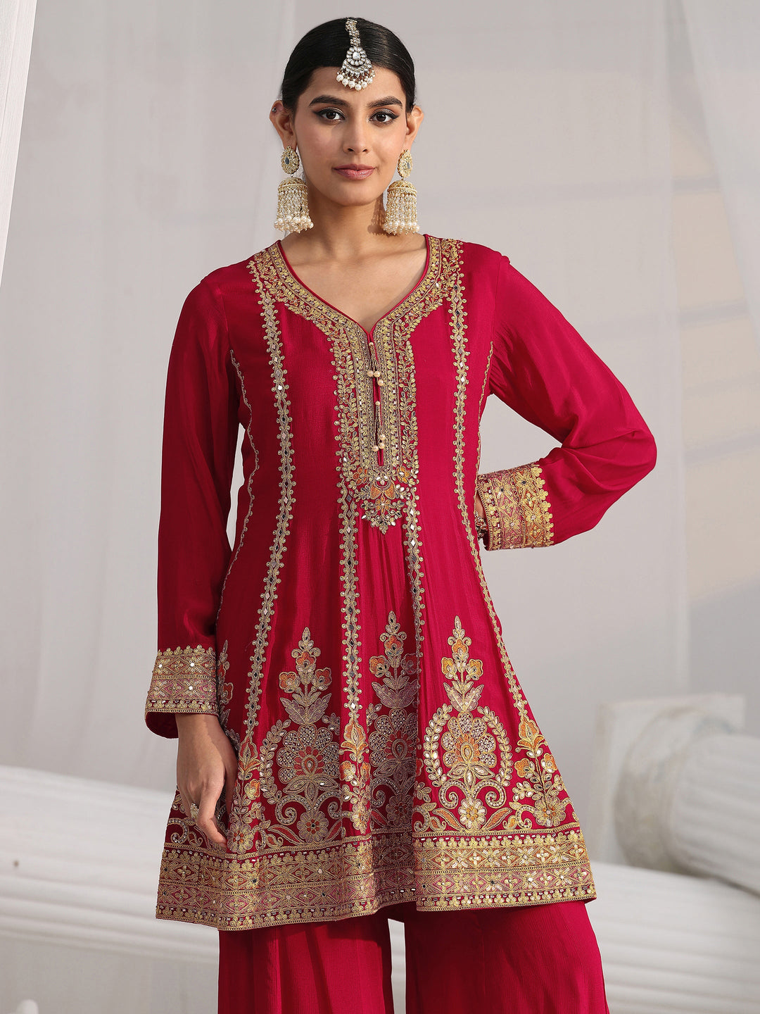  Libas Art Red Floral Embellished Chinon A Line Palazzo Suit Set 